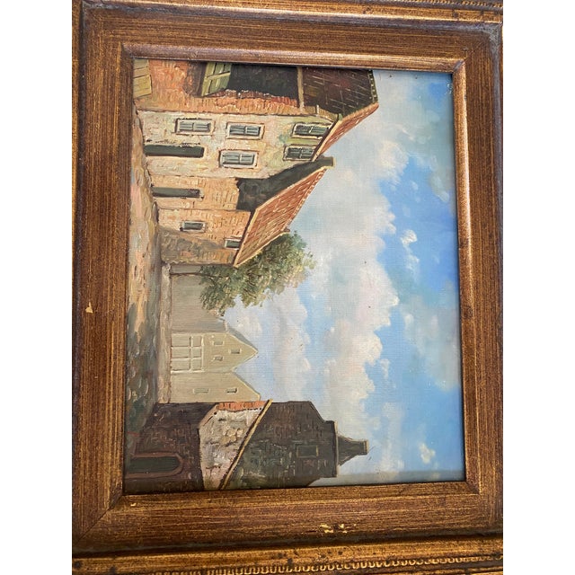 English Vintage Oil Painting of Village Scene With Decorative Frame For Sale - Image 3 of 6