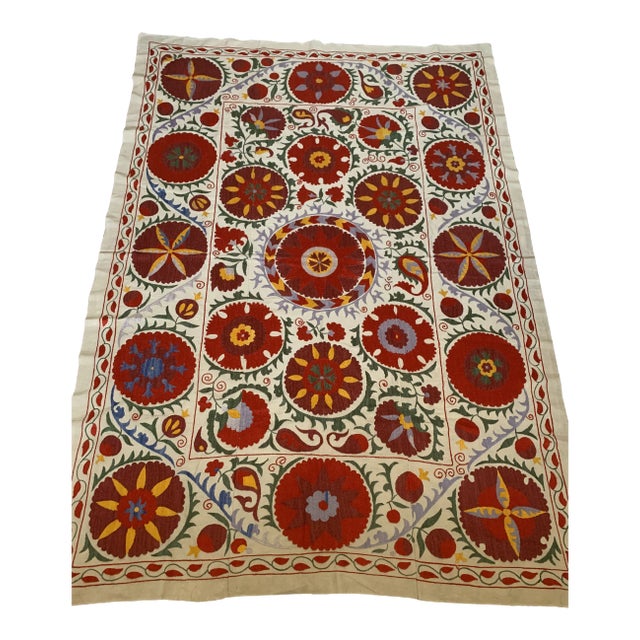 Vintage Colorful Hand Embroidered Floral Pommagranite Suzani Textile Bukhara Uzbekistan For Sale