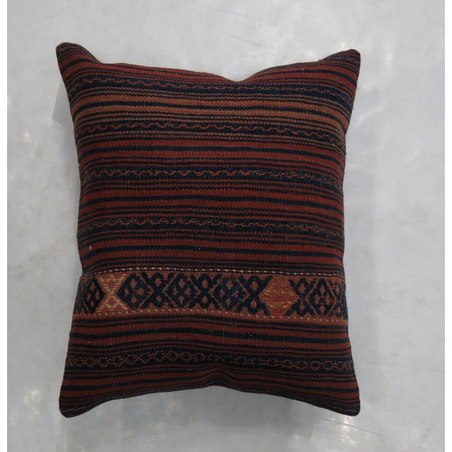 Rustic Persian Striped Vintage Wool Rug Pillow with Blue Cotton Backing For Sale - Image 4 of 5