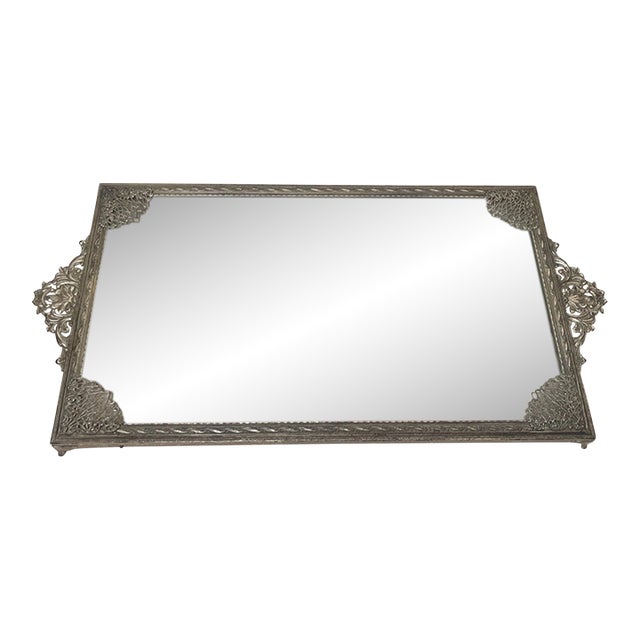 Antique Silver-Plate Rectangle Foo Vanity Filigree Jewelry Vanity Mirror Tray For Sale