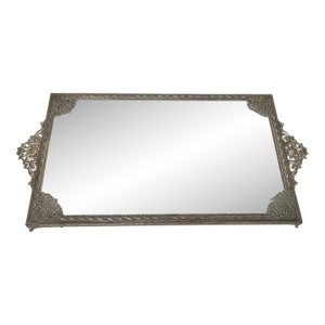 Antique Silver-Plate Rectangle Foo Vanity Filigree Jewelry Vanity Mirror Tray