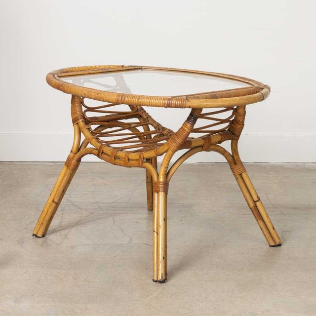 1960s Italian Rattan and Glass Gueridon Table For Sale - Image 4 of 12