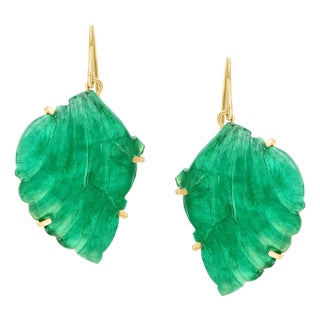 55 Ct Carved Emerald Leaf Shape Earrings 14 Kt Yellow Gold French Wire Earring For Sale