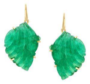 55 Ct Carved Emerald Leaf Shape Earrings 14 Kt Yellow Gold French Wire Earring