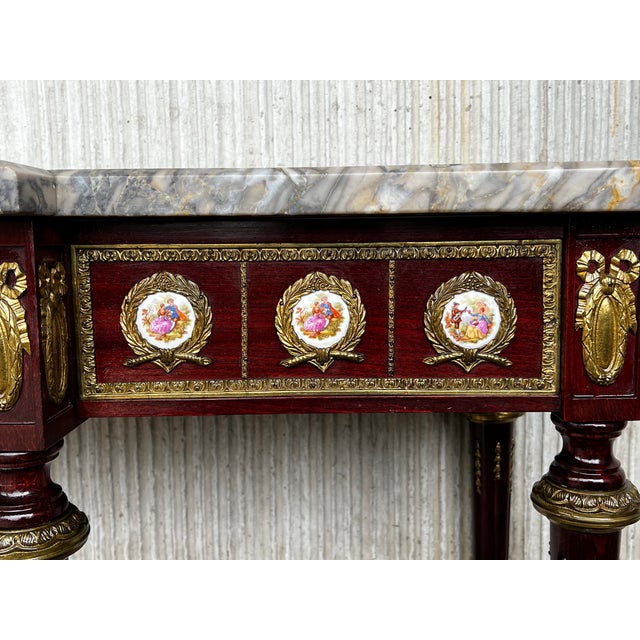 French Console Napoleon III Style Mahogany and Brass With Porcelain Plaques For Sale - Image 10 of 13