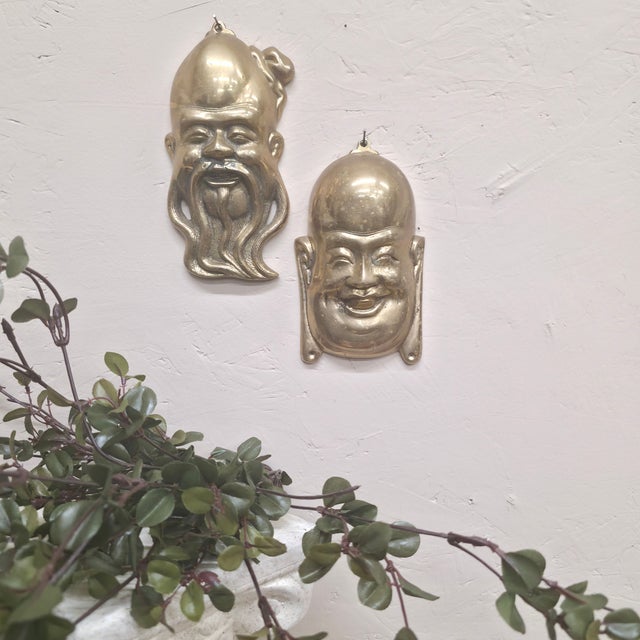 Vintage Brass Wall Masks, Chinoiserie Wall Plaques — Set of 2 For Sale - Image 10 of 10