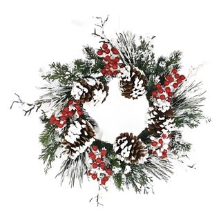 Snow Mixed Pine Berry Wreath 20"D For Sale