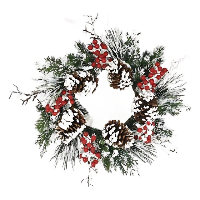 Snow Mixed Pine Berry Wreath 20"D For Sale