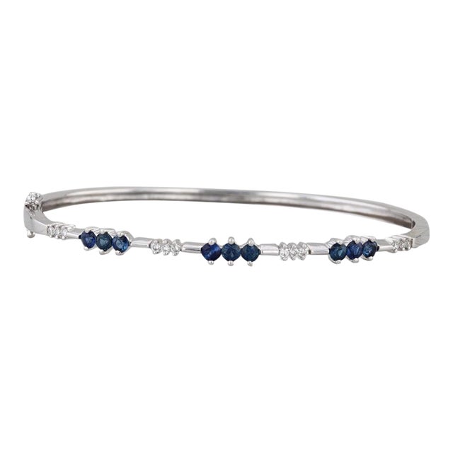 1.27ctw Blue Sapphire Diamond Bangle Bracelet 14k White Gold 7" For Sale