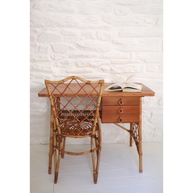 Brown Vintage Desk and Chair in Wicker by Louis Sognot, 1950s, Set of 2 For Sale - Image 8 of 15