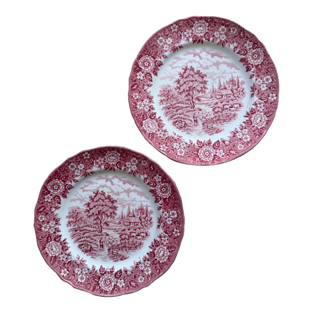 1960s English Pink Transferware by Franciscan in Homeland Pattern Plates - Set of 2 For Sale