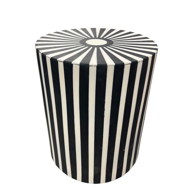 2000 - 2009 Vintage Optical Sunburst Resin-Inlay Wooden Drum Side Table For Sale - Image 5 of 12