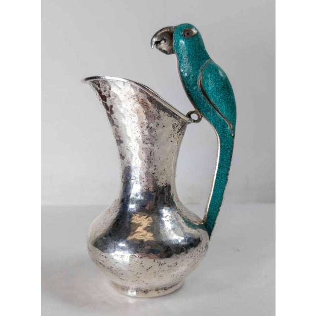 Mid-Century Modern Silverplate Pitcher With Turquoise Bird After Los Castillos by Taxco Cobre For Sale - Image 4 of 13