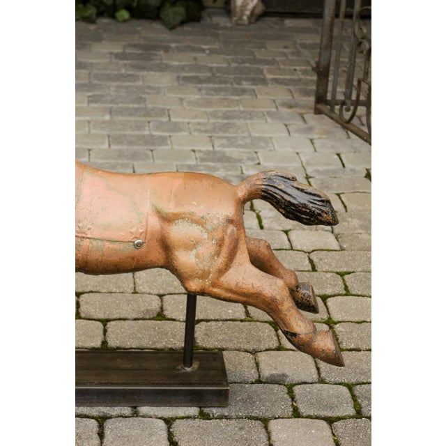 Vintage 1940s Folk Art Painted Iron Child Riding Horse Mounted on Custom Base For Sale - Image 4 of 12