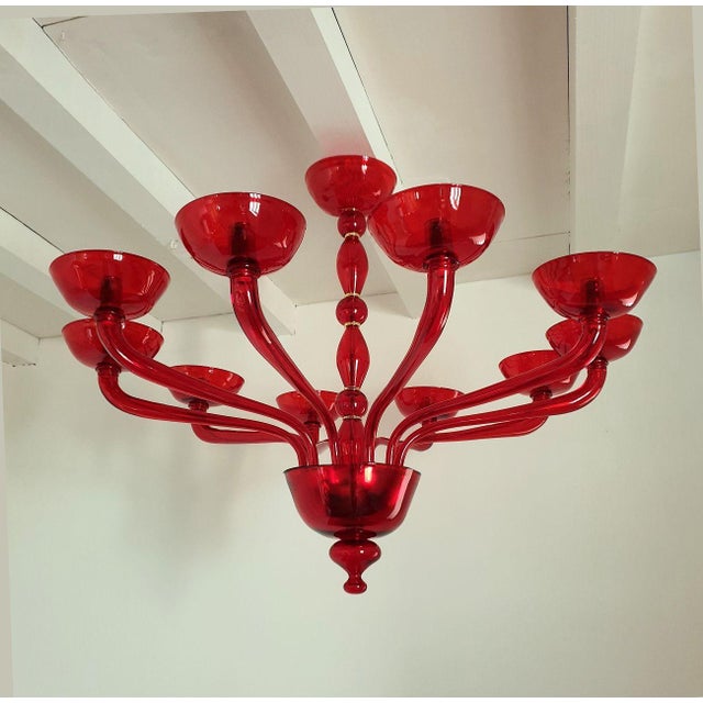 Venini Large Red Murano Glass Chandelier Italy 1980s For Sale - Image 4 of 11