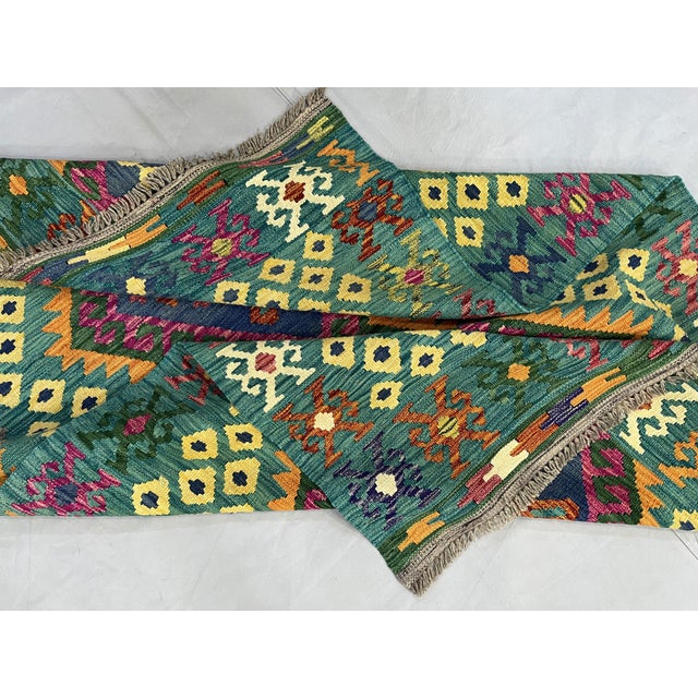 4'5" X 5'10" Green Afghan Chobi Kazak Geometric Wool Flatweave Kilim Rug For Sale - Image 16 of 16