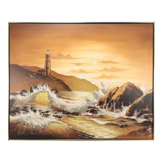Vintage Monumental Coastal Oil Painting Walter Sherwood For Sale