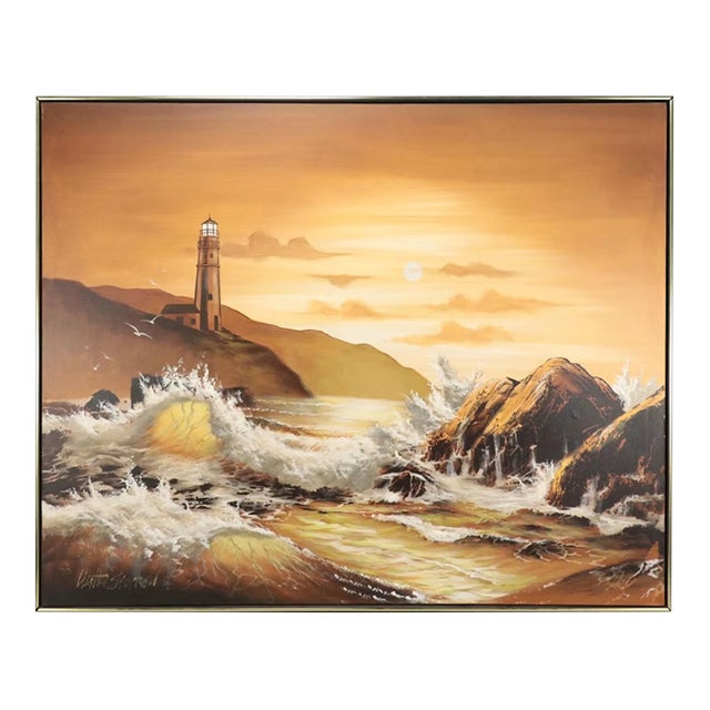 Vintage Monumental Coastal Oil Painting Walter Sherwood For Sale