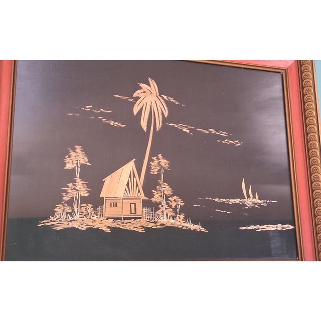 1970s Chinese Zhu Bian Bamboo Straw Art Set of 3 Javanese Dancers W/ House on a Beach For Sale - Image 5 of 8