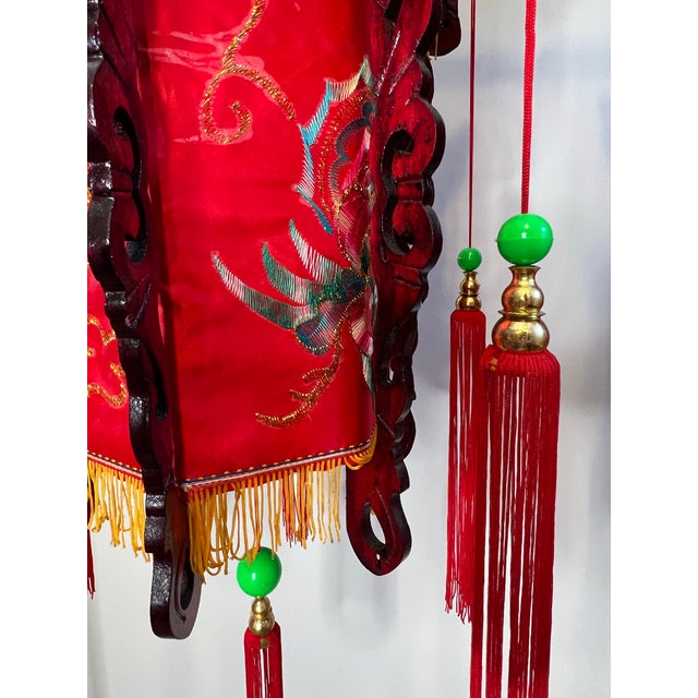 Vintage Mid 20th Century Red Chinese Palace Lanterns With Embroidered Dragons and Tassels - a Pair For Sale - Image 11 of 12