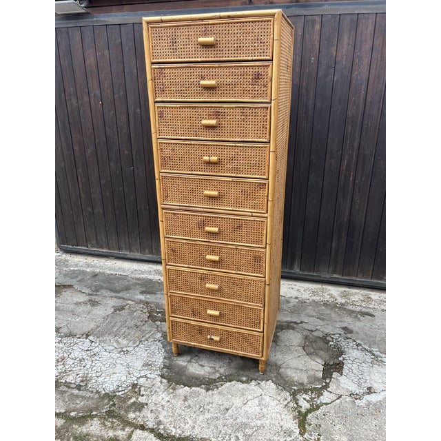 Wood Mid-Century Italian 10-Drawer Rattan and Bamboo Chest of Drawers, 1960s For Sale - Image 7 of 14