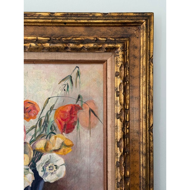 Vintage Mid-Century Oil on Canvas Still Life of Poppies & Copper Pot, Framed For Sale - Image 4 of 16