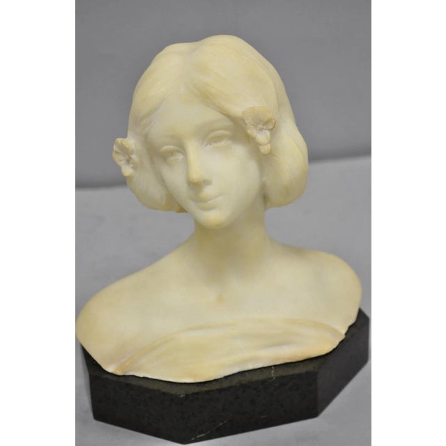 Neoclassical Antique Neoclassical Carved White Marble 9" Bust of Woman's Head on Marble Base For Sale - Image 3 of 16