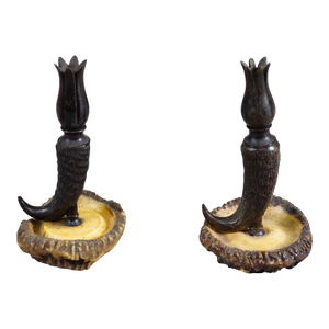 Vintage Pair of Candle Sticks With Real Chamois Horn, Circa 1950s