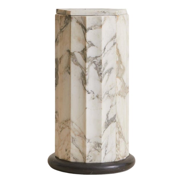 Faceted Grey + Ivory Marble Pedestal with Pentagonal Top, 1970s For Sale
