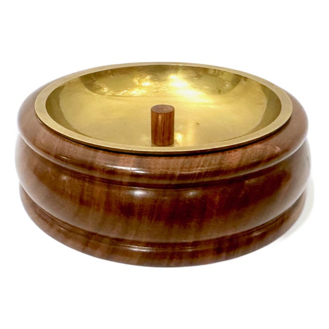 Mid-Century Round Walnut and Brass Pipe Ashtray from Duk It McDonald Buffalo, USA, 1950s For Sale