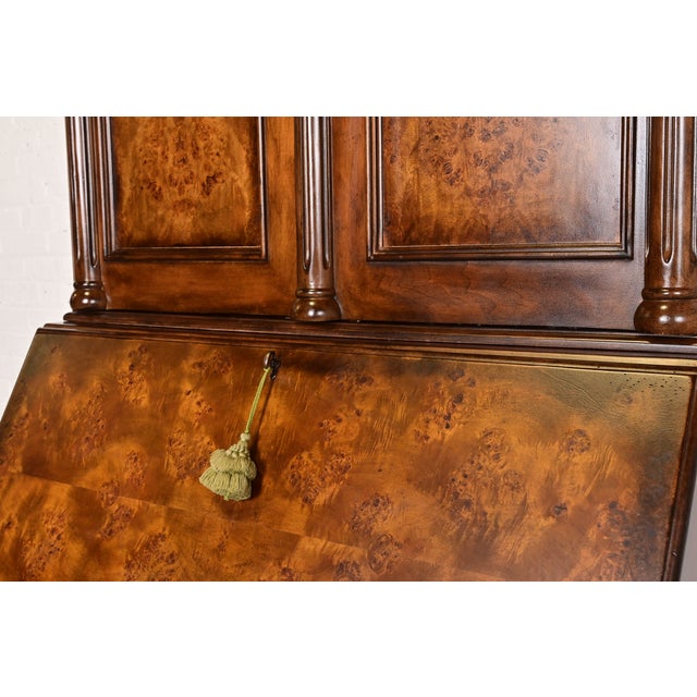 Wood Baker Furniture Style Georgian Carved Walnut and Burl Wood Bureau With Drop Front Secretary Desk For Sale - Image 7 of 13