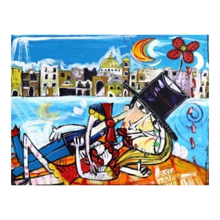 Bacio Con Vista Costiera Amalfitana - Original Amalfi Coast Cubist Figurative Mixed Media Acrylic Painting on Canvas For Sale