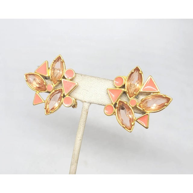 Modern Vintage 1980s Signed Yves Saint Laurent Coral Enamel & Pink Rhinestones Clip Earrings - 2 Pieces For Sale - Image 3 of 9