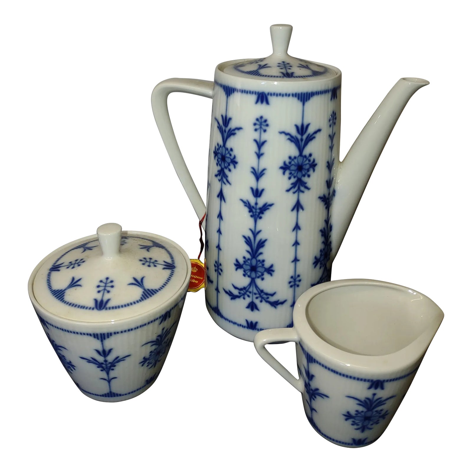 Elegant Vintage Bavarian Blue and White Porcelain Coffee Pot With Sugar