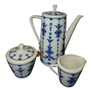 Elegant Vintage Bavarian Blue and White Porcelain Coffee Pot With Sugar and Creamer