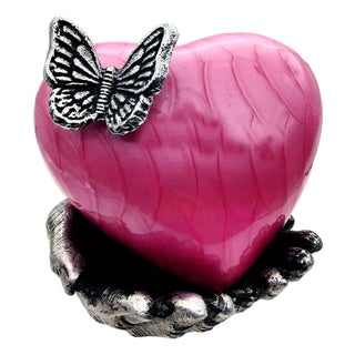 Pink Butterfly Heart Cremation Urn With Hand Stand With Picture Frame With Silver Butterfly 7x9 Inches | Memorial Keepsake for Ashes, For Sale
