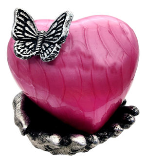 Pink Butterfly Heart Cremation Urn With Hand Stand With Picture Frame With Silver Butterfly 7x9 Inches | Memorial Keepsake for Ashes,
