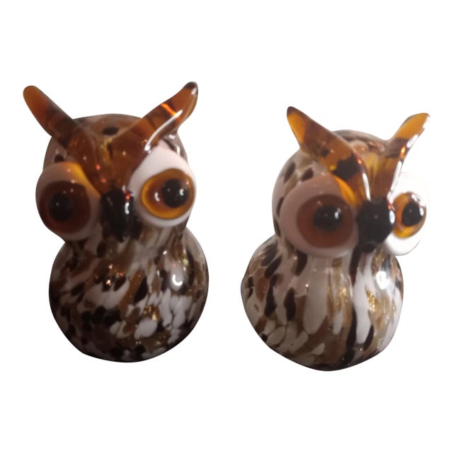 Vintage Art Glass Speckled Aventurine Owl Figurines- Set of 2 For Sale