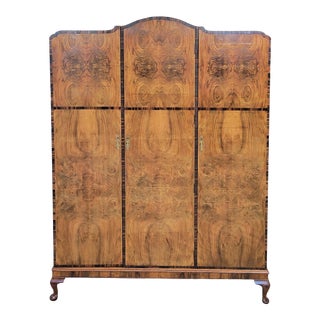 Antique 1920s English Burl Walnut and Mahogany Combination Triple Wardrobe Armoire Compactum For Sale