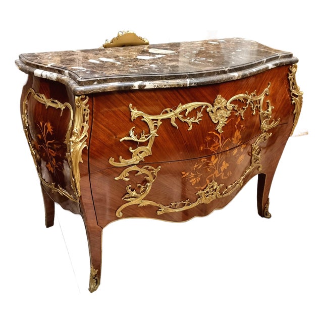 French Bombe Commode With Floral Marquetry, Gilded Bronze Ormolu and Polished Marble Top For Sale