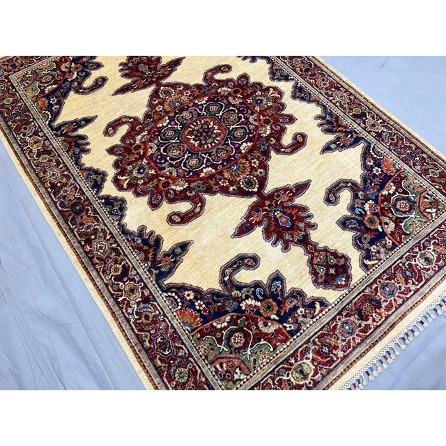 Beige & Red Persian-Style Medallion Wool Rug, Natural Dyes, 5'10