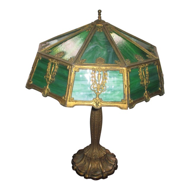 Early 1900s Antique Art Nouveau Green Stain Glass Ornate Metal Table Lamp For Sale