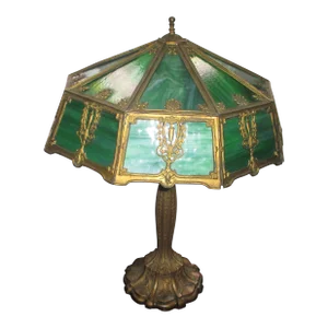 Early 1900s Antique Art Nouveau Green Stain Glass Ornate Metal Table Lamp
