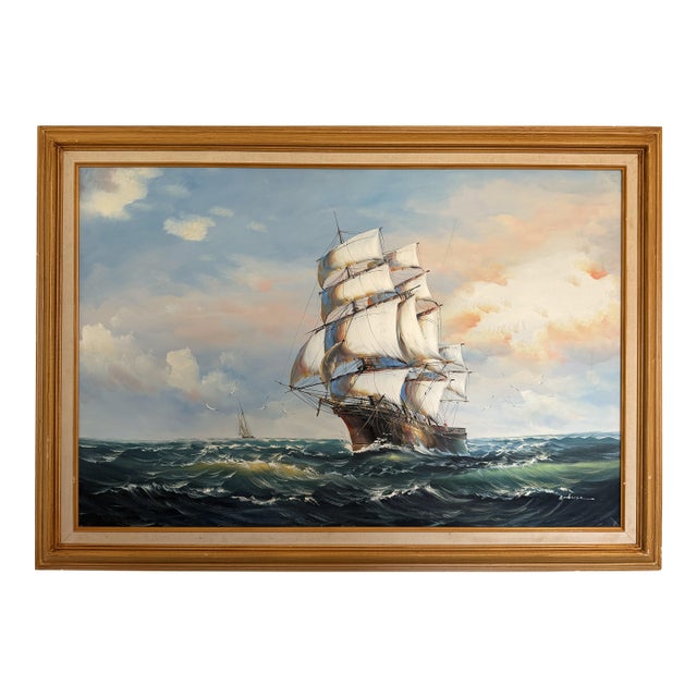 Late 20th Century Ambrose Original Oil Painting Tall Ship at Sea Maritime Nautical Ocean Seascape For Sale