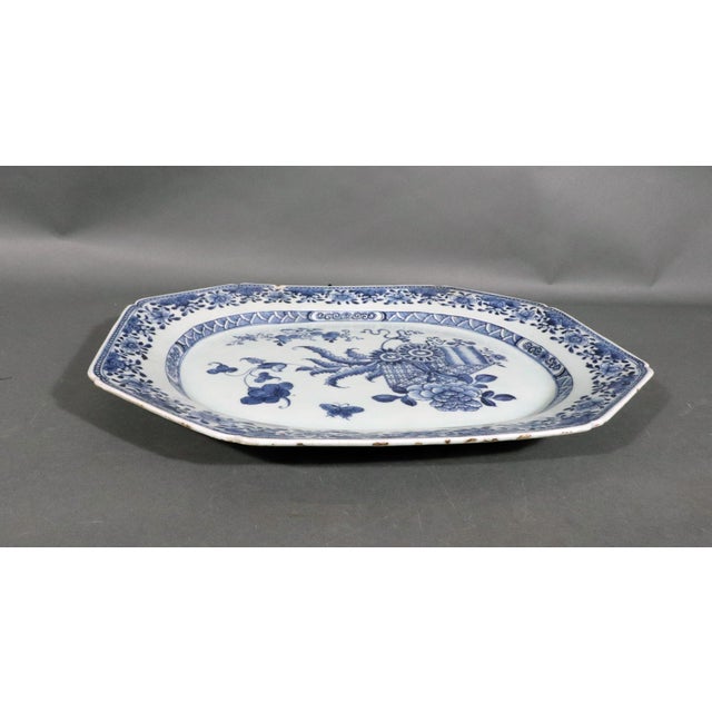 Blue Chinese Export Blue and White Octagonal Porcelain Platter With Scholar's Scrolls, Circa 1770 For Sale - Image 8 of 8