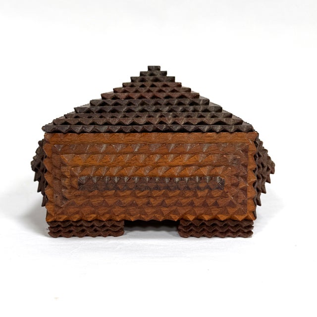 Brown Antique Tramp Art Lidded and Footed Box For Sale - Image 8 of 10