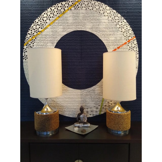 1970s Cork & Chrome Lamps Laurel Lighting With Shades - a Pair With Original Shades For Sale - Image 10 of 10