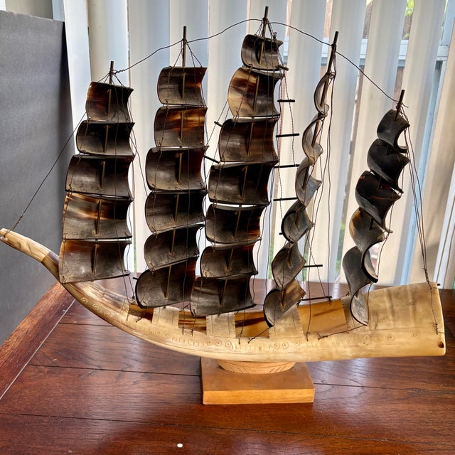 Brown Large Vintage Carved Horn Ship Sculpture on Wooden Base For Sale - Image 8 of 12