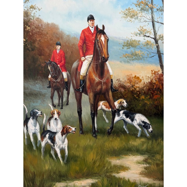 Textile Fox Hunting Scene Oil Painting on Canvas Horses Hounds Equestrian Sporting Art For Sale - Image 7 of 14