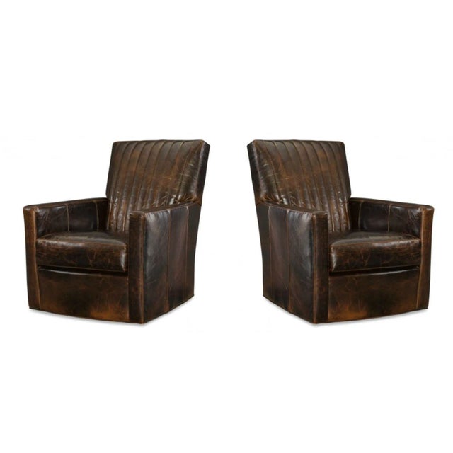 Wood Pair of CR Laine Malcolm Brown Leather Swivel Chairs For Sale - Image 7 of 7